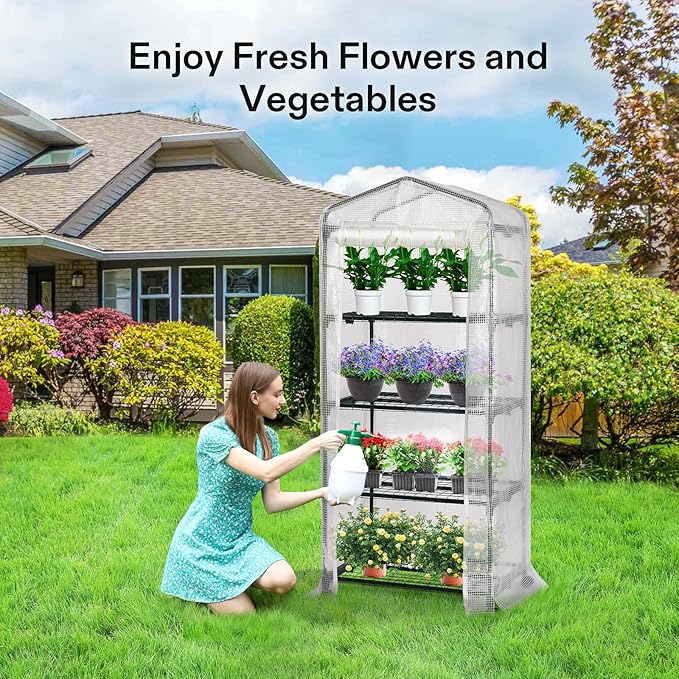VIVOSUN Mini 4-Tier Greenhouse with Wheels, 27 x 19 x 63-Inch Reusable Portable Warm House with White PE Cover and Shelf for Compact Garden and Small Backyards, with Wheels