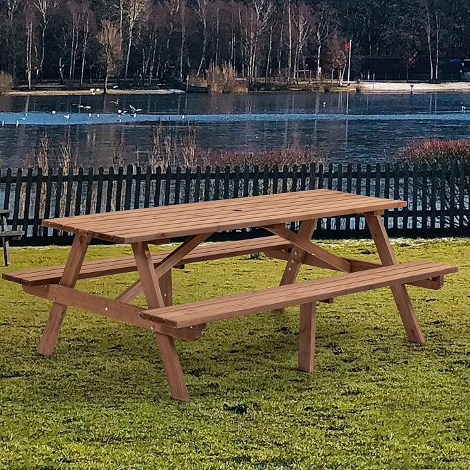 Picnic Table with Bench for 6-8 Person Outdoor Wooden Rectangle Table for Backyard, Porch, Patio, Deck w/Umbrella Hole -Brown