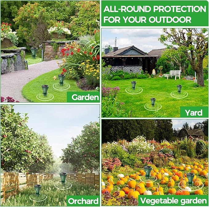 Mole Repellent Solar Powered, 4 Pack Solar Powered Mole Repellent, Groundhog Repellent for Outside, IP65 Waterproof Ultrasonic Vole Repeller Outdoor, Mole, Skunk Deterrent for Yard, Lawns, Garden