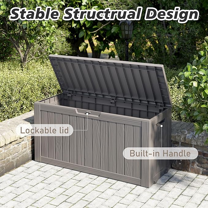 NUNU LAB 76 Gallon Deck Box, Large Resin Outdoor Storage Box, Waterproof Patio Storage Container with Double Wall Panels for Cushions, Garden Tools, Pool Toys, and Packages,Grey