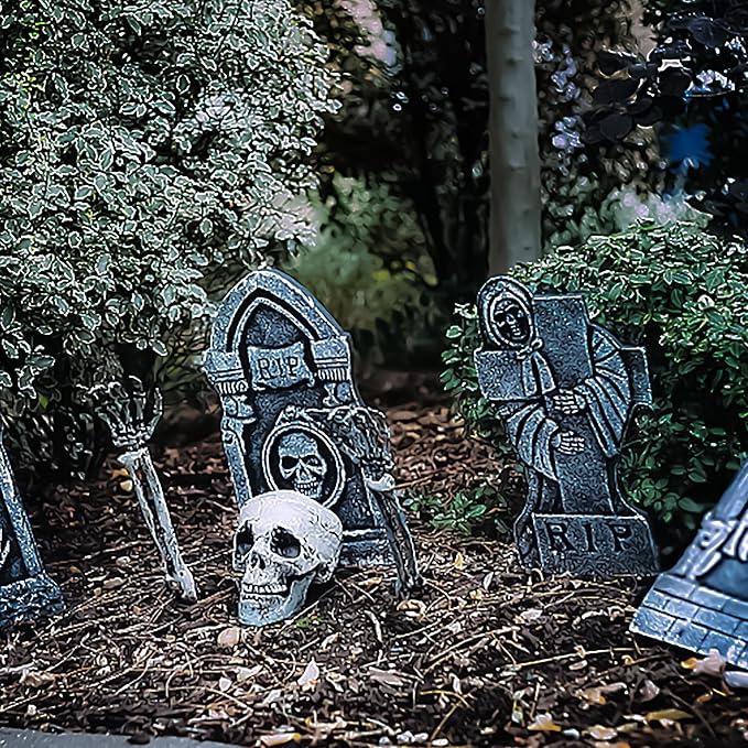 EBaokuup 32PCS Halloween Tombstone Stakes, 6.6"X3" Tombstone Metal Stakes, T-Shaped Ground Stakes for Halloween Outdoor Yard Lawn Foam Graveyard Decorations Decorations