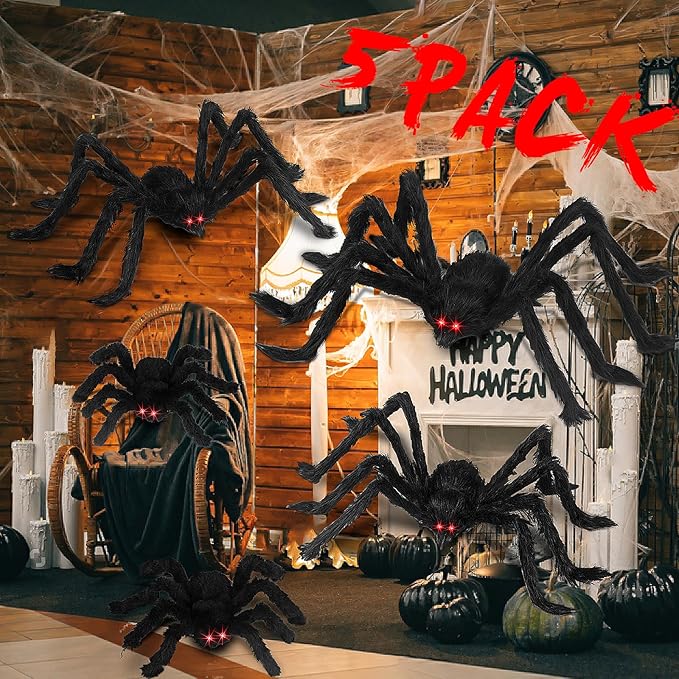 Halloween Giant Spider Decorations: 12/20/30/35/49 Inches Large Fake Scary Hairy - 5PCS Huge Plush Toy Props for Indoor Outdoor Creepy Lawn Garden Decor Black