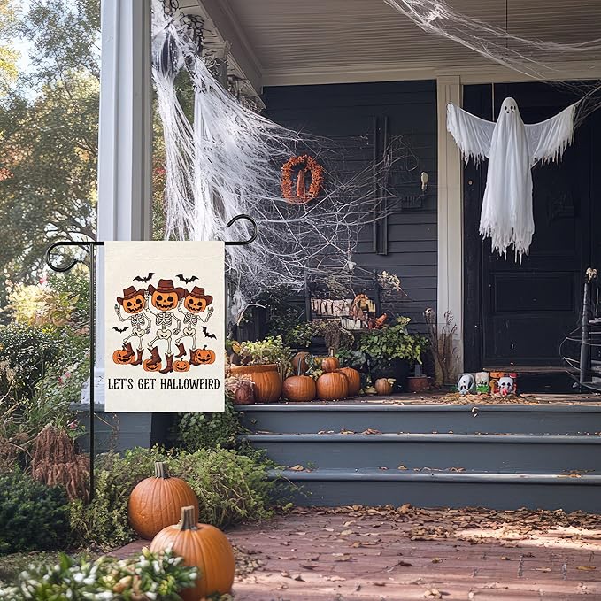 Let's Get Halloweiro Halloween Garden Flag for Outside, 12x18 Inch Double Sided Halloween Pumpkin Yard Flag, Farmhouse Small Yard Flags for Outdoor Decorations, Holiday Decor Gifts-A10