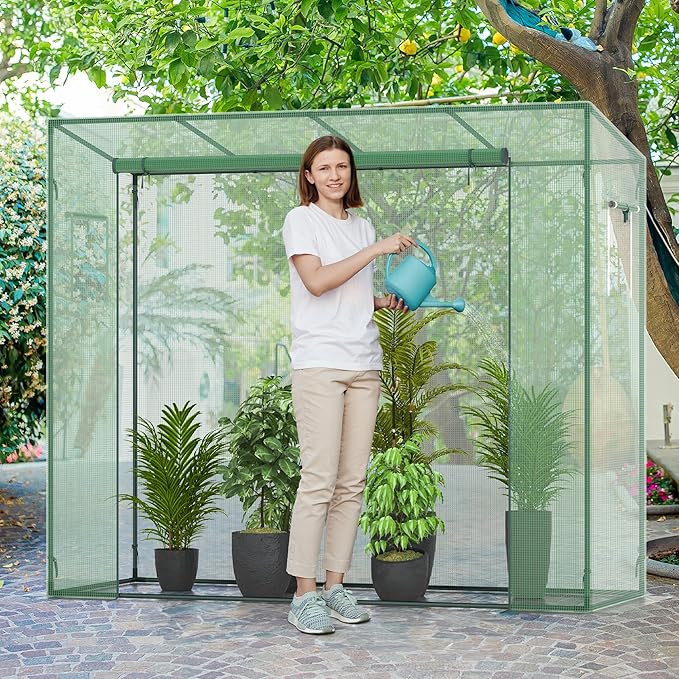 Greenhouse, Phonjoroo Lean to Small Greenhouse w/ 2 Side Windows & Zipper Rolling Door Tomato Greenhouses w/ Thicken PE Cover Outdoor Plant House Portable Small Hot House Winter Storage