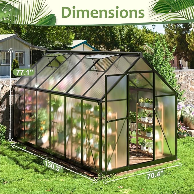 6x11 FTQuick Setup Polycarbonate Greenhouse with Roof Vent, Large Aluminum Walk-in Green House for Outdoor Garden Backyard, Black