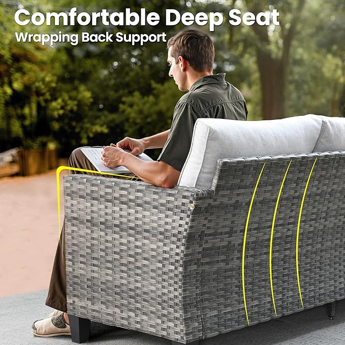 ovios 9 Pieces Patio Furniture Set, Outdoor Wicker Sofa Couch with Rocking Swivel Chairs Fire Pit Table, Modern Deep Seat Rattan Conversation Sets for Porch Deck, Grey