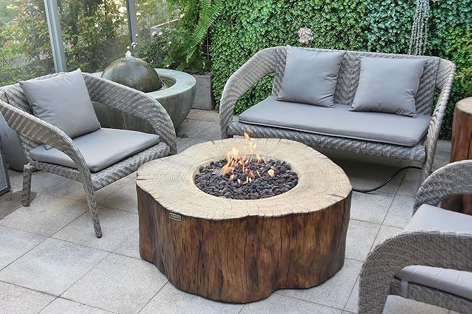 Elementi | Manchester Gas Fire Pit Cast Concrete Semi-Round Fire Table, Outdoor Fire Pit Electronic Ignition | Canvas Cover, Lava Rock Included | Red Wood | Natural Gas