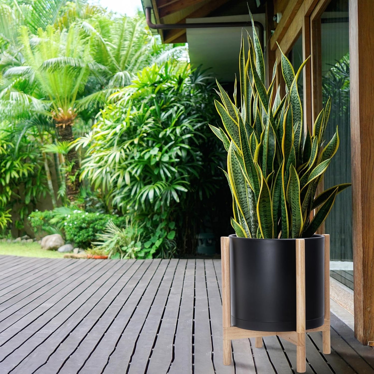 D'vine Dev Planter Pot with Stand - 14 Inch Plastic Cylinder Flower Pot with Wood Planter Holder for Indoor, Matte Black Pot + Natural Stand, 55-C-S-2