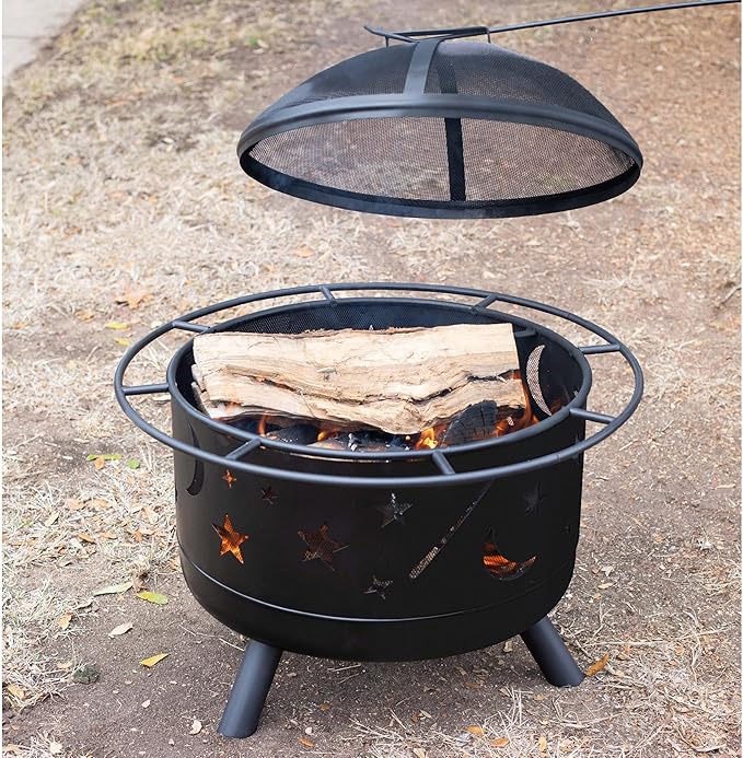 BIRDROCK HOME 30″ Round Wood-Burning Fire Pit – Portable Outdoor Patio & Garden Fire Bowl with Stars & Moon Cut-Outs, Spark Screen, Built-in Grate, 4 Roasting Sticks & Fire Poker - Black