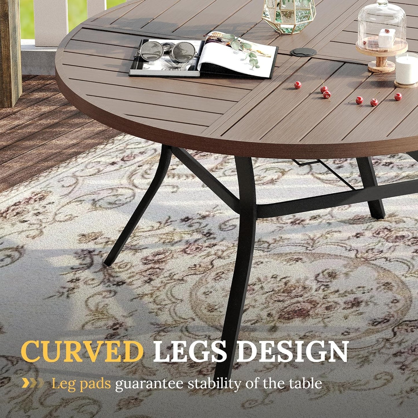 VICLLAX Round Patio Table with Adjustable Umbrella Hole for 4, All Weather Metal Outdoor Dining Table for Lawn Garden, 40.6" Outdoor Coffee Table, Grey Wood-Like Tabletop