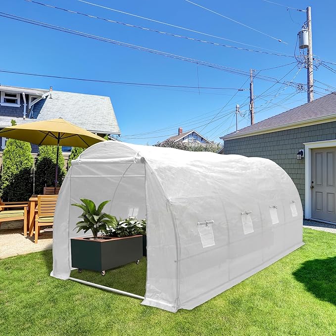 13x8.2x6.5 Ft Walk-in Greenhouse Tunnel, Heavy-Duty Portable Greenhouse with Watering System, Roll-up Zipper Door and Window, PE Cover, White