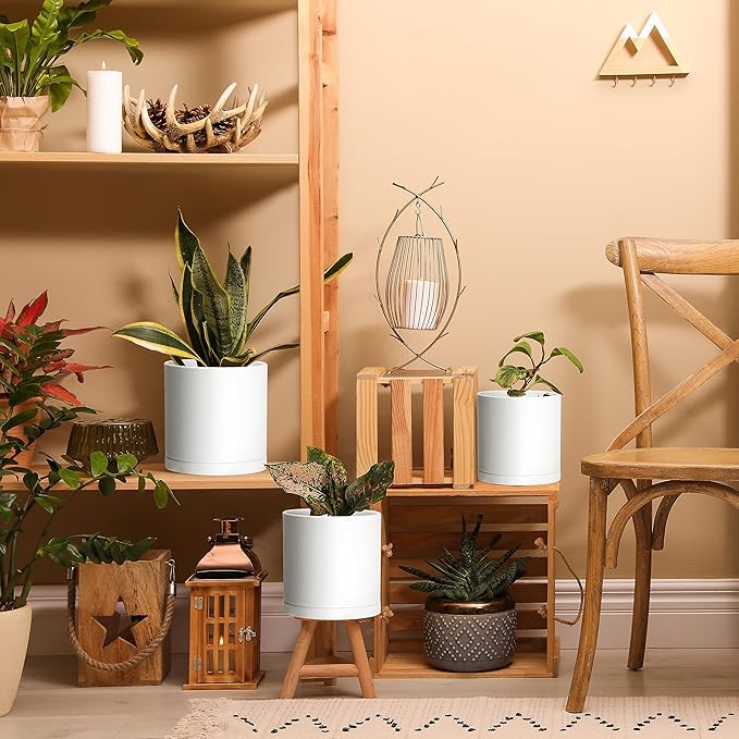 D'vine Dev 4.5 Inch 5.5 Inch 6.5 Inch, Set of 3 Plastic Planter Pots for Plants with Drainage Hole and Seamless Saucers, White Color, Small Plus, 74-V-A-2