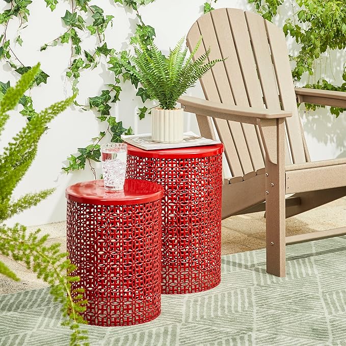 Glitzhome Outdoor Side Table Set of 2, Decorative Garden Stool for Indoor Outdoor Heavy Duty Metal Frame Accent Table Modern End Table, Glossy Red