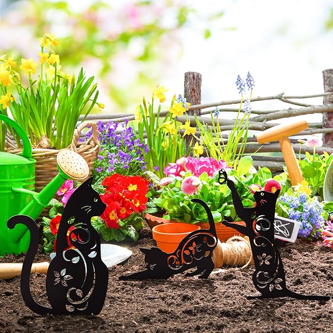 Elcoho 4 Pack Black Cat Silhouette Cute Metal Cat Garden Statues Bird Repellent Decorative Garden Stakes for Yard, Garden, Lawn Outdoor Decorations
