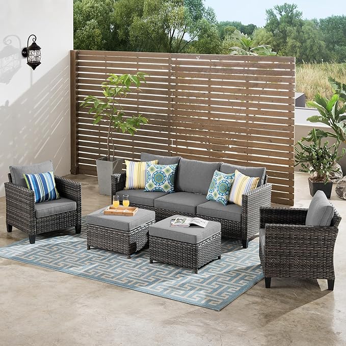 ovios Patio Furniture Set, 5 Pieces Outdoor Wicker Sofa Couch with Chairs, Ottomans and Comfy Cushions, All Weather High Back Rattan Conversation Set, Dark Grey