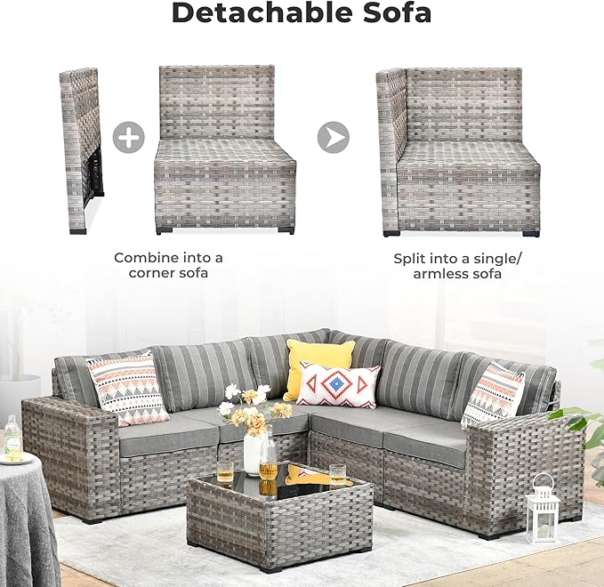 ovios 6 Pieces Patio Furniture Set, Outdoor Wicker Sectional Sofa with Glass Table Comfy Cushions, Modern Modular Deep Seat Couch Rattan Conversation Set, Dark Gray Stripe
