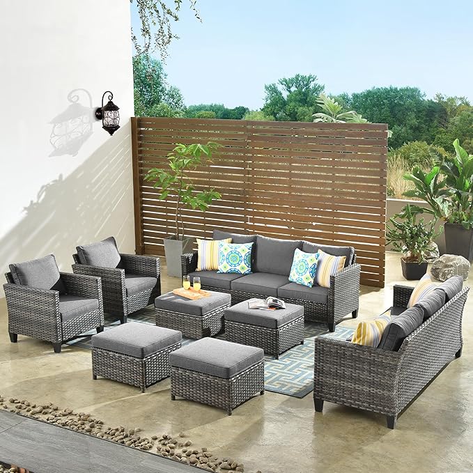 ovios Patio Furniture Set, 8 Pieces Outdoor Wicker Sofa Couch with Chairs, Ottomans and Comfy Cushions, All Weather High Back Rattan Conversation Set, Dark Grey