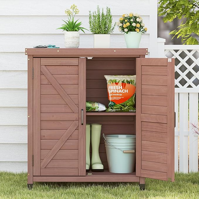 Potting Bench with Storage Cabinet and Metal Table Top for Outdoor Patio, Garden Furniture Wood Workstation (Farmhouse Brown, 31x17x36)