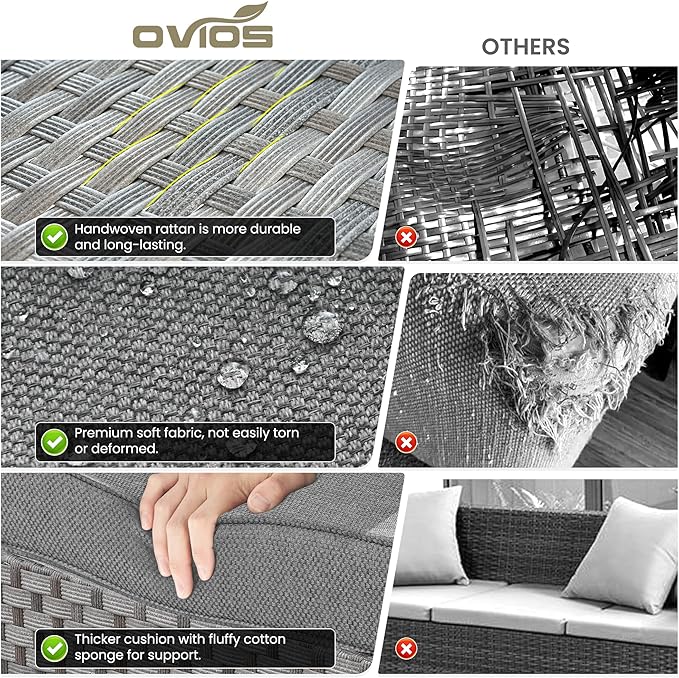 ovios 13 Pieces Patio Furniture Set, Outdoor Wicker Sectional Sofa with 42 Inch Fire Pit Table Comfy Cushions, Modern Modular Deep Seat Rattan Couch Conversation Set, Dark Grey