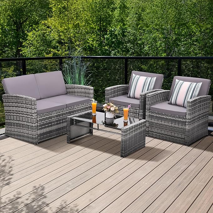 4 Pieces Patio Conversation Set, Outside Rattan Sectional Sofa, Cushioned Furniture Set, Wicker Sofa Ideal for Garden, Porch, Backyard, Grey Color Rattan and Light Grey Cushion