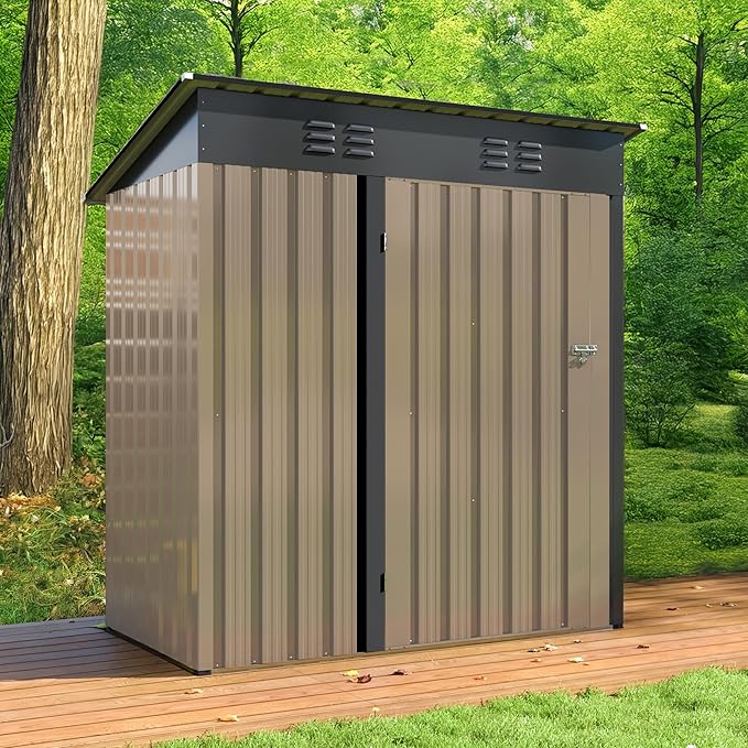 Polar Aurora 5x3 FT Outdoor Storage Shed, Garden Shed with Updated Frame Structure and Lockable Doors, Metal Tool Sheds for Backyard Garden Patio Lawn,Brown