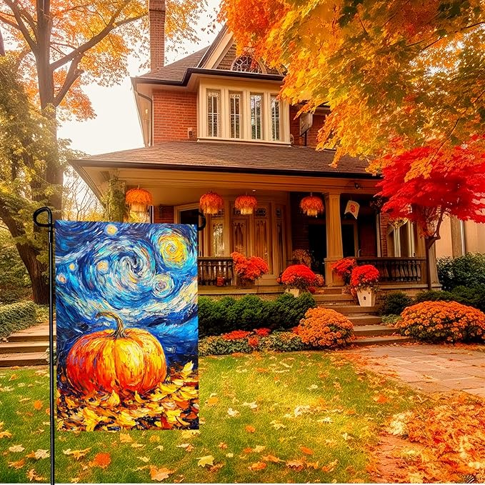 Fall Pumpkin Garden Flag Autumn Golden Leaf Yard Flags Van Gogh Oil Painting House Banner Art Starry Night Sky Moon Thanksgiving Harvest Garden Flags for Outside Porch Lawn Decor 12 x 18 Inch