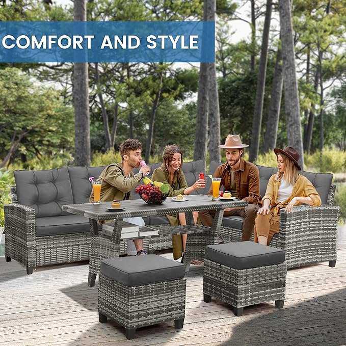 6-Piece Outdoor Patio Furniture Set - Sectional Sofa, Dining Table & Chairs Included, All-Weather Dining Set with Ottoman, Grey Wicker and Grey Cushions