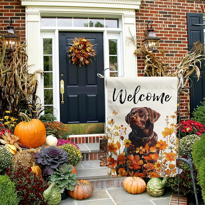 Floral Chocolate Lab Garden Flag Fall Yard Flag Wildflower Labrador Dog Garden Flags Orange Autumn Lawn Flags Welcome Thanksgiving Outdoor Flags for Outside 12x18 Double Sided Small