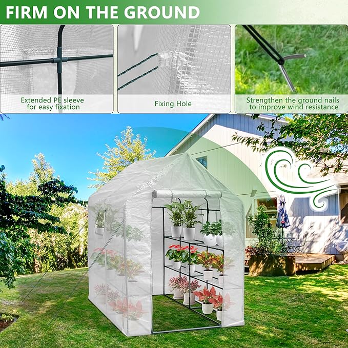 56" x 56" x 77" Portable Walk-in Greenhouse with Windows, Shelves and Anchors, Indoor Outdoor Greenhouse with Watering System, Zippered Door and Windows, PE Cover, White