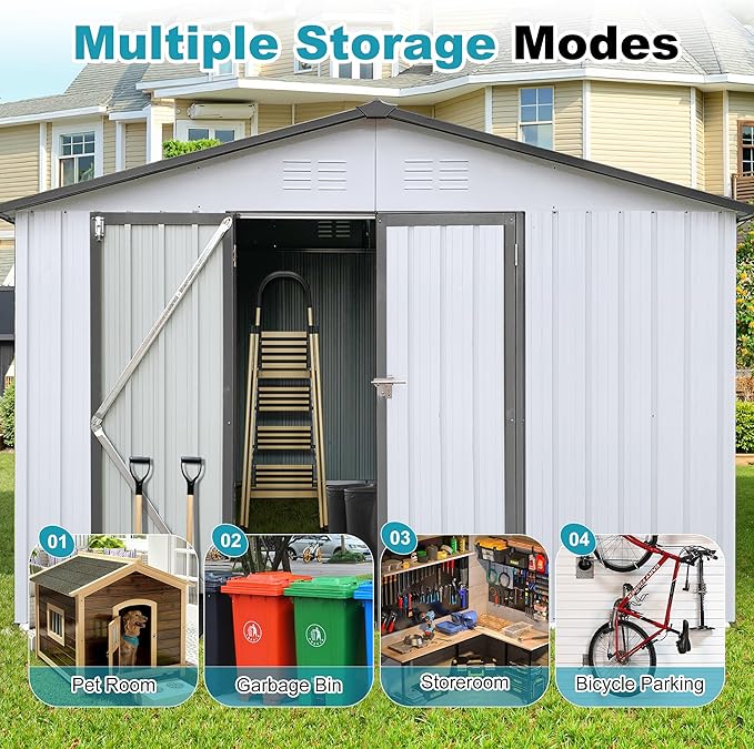 10x12 FT Outdoor Storage Shed, Metal Tool Shed with Lockable Doors & Peaked Roof, Garden Shed with Vented Design for Backyard Garden Patio Lawn, White+Gray