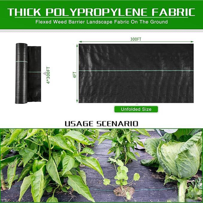4FT x 300FT Weed Barrier Landscape Fabric Heavy Duty, Thicken Garden Fabric Weed Mats, Weed Control Garden Cloth, Woven Geotextile Fabric for Garden Beds, Underlayment, Commercial Driveway