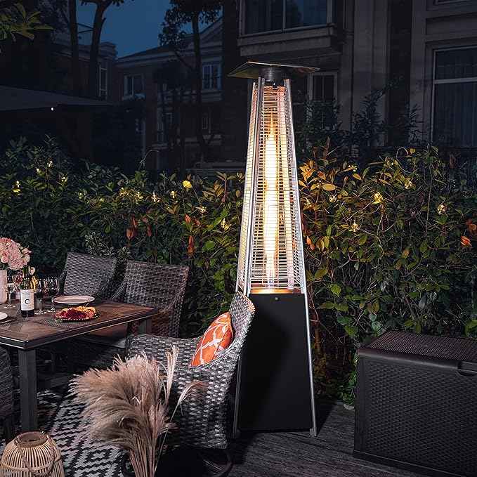 Nuu Garden Outdoor Propane Patio Heater, 48,000 BTU Pyramid Outdoor Heater with Wheels, Hammered Bronze Tower Portable Heater with Oxford Cover for Garden, Terrace, Black