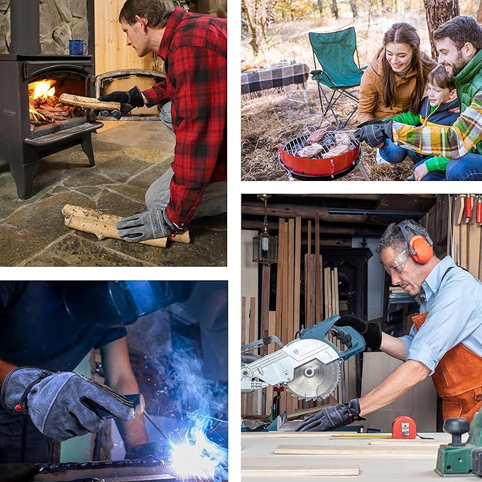 Leather Work Gloves for Men or Women. X-Large Glove for Gardening, Tig/Mig Welding, Construction, Chainsaw, Farm, Ranch, etc. Cowhide, Cotton Lined, Utility, Firm Grip, Durable. Grey-Black XL