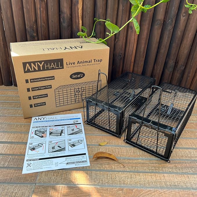 2-Pack Rat Traps Humane Live Mouse Vole Chipmunk Trap Cage for Indoors and Outdoors (Black)