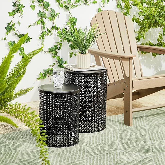 Glitzhome Outdoor Side Table Set of 2, Decorative Garden Stool for Indoor Outdoor Heavy Duty Metal Frame Accent Table Modern End Table, Glossy Black
