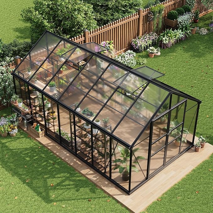 Greenhouse, 8x14 FT Greenhouses for Outside, Polycarbonate Greenhouse with Aluminum Frame, Lockable Door and Ajustable Roof Vent for Backyard, Green Houses for Outside Garden Backyard, Patio