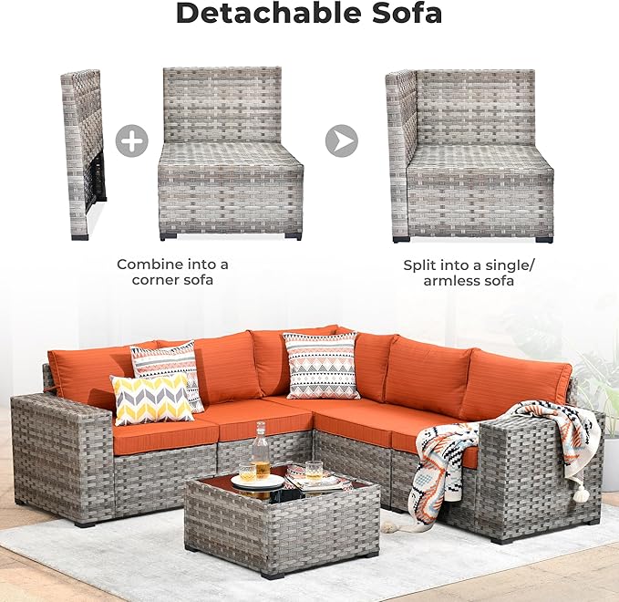 ovios 6 Pieces Patio Furniture Set, Outdoor Wicker Sectional Sofa with Glass Table Comfy Cushions, Modern Modular Deep Seat Couch Rattan Conversation Set, Orange Red