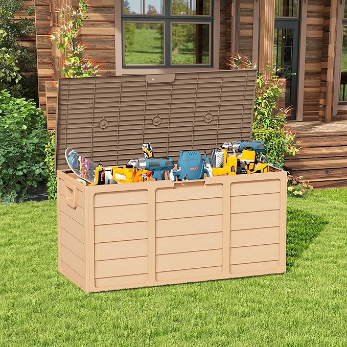 75 Gallon Outdoor Deck Box - Heavy Duty Resin Storage with Lockable Lid, UV Resistant for Patio Furniture Cushions, Pillows (Brown)