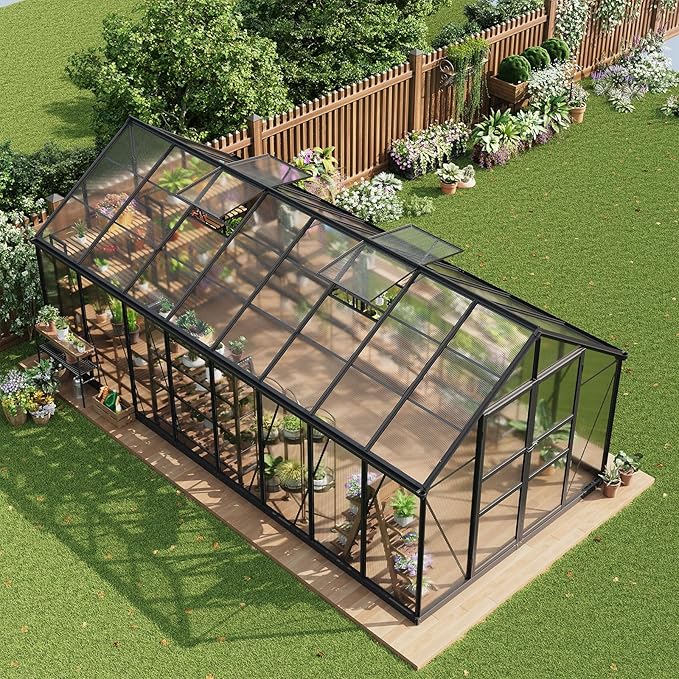 8x16 FT Polycarbonate Greenhouse,Large Walk-in SturdyOutdoor Aluminum Frame Greenhouse with Roof Vent, Lockable Push Door,for Garden, Backyard, Patio & Lawn(Black)