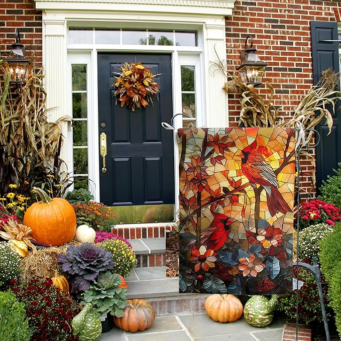 Stained Glass Cardinal Red Birds Garden Flag Spring Summer Yard Flag Fall Floral Decorative Flags for Outside 12x18 Double Sided Small Seasonal Lawn Flags Rustic Outdoor Decor