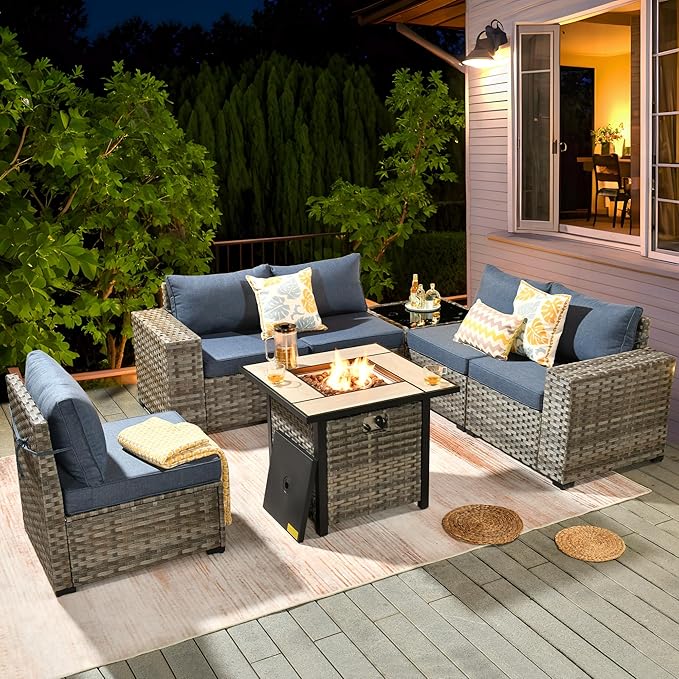 ovios 7 Pieces Patio Furniture Set, Outdoor Wicker Sectional Sofa with 30 Inch Fire Pit Table Comfy Cushions, Modern Modular Deep Seat Rattan Couch Conversation Set, Denim Blue
