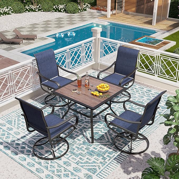 PHI VILLA 5 Piece Outdoor Patio Dining Set with 4 Swivel Dining Chairs & 1 Wood-Like Dining Table, All Weather Blue Textilene Mesh Fabric Chair and Square Metal Table for Deck Lawn Garden