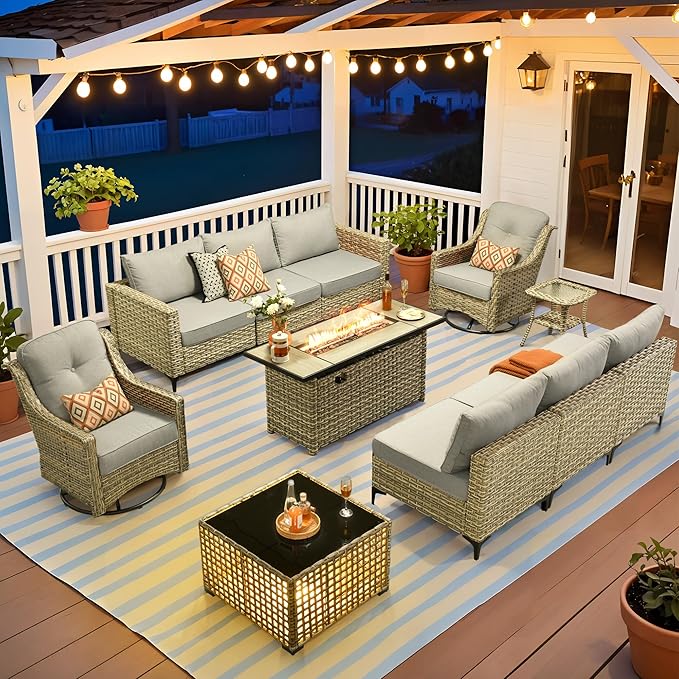 HOOOWOOO Outdoor Patio Furniture Set with Fire Pit Table,11 Pieces Wicker Out Door Sectional Furniture L Shaped Couch,Outside Patio Conversation Swivel Chair Sets,Light Gray