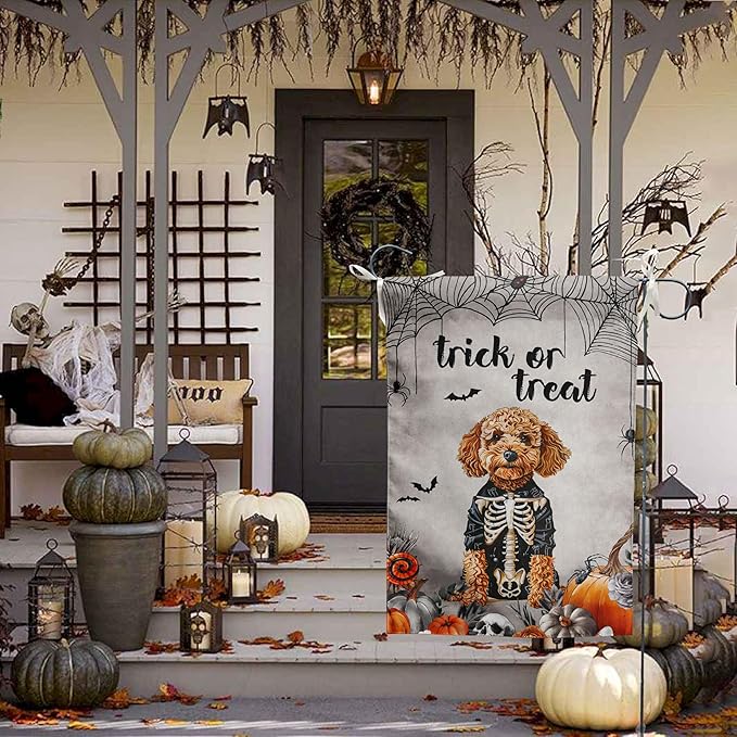Halloween Golden Doodle Garden Flag Trick or Treat Yard Flag Ghost Dog Garden Flags for Outside 12x18 Double Sided Small Dachshund Skeleton Halloween Decor Outdoor Lawn Welcome Flag