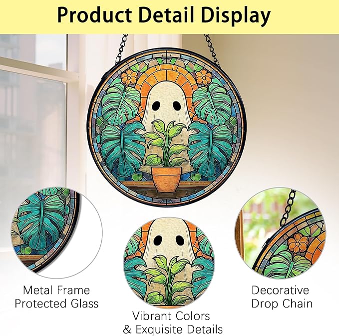 TNUW Ghost Plant Stained Glass Window Hanging, Halloween Ghost Sun Catchers Indoor Window Glass Round Wall Art Decor, Plant Lovers Gifts Wall Hanging Decorations, 7.9"x7.9"