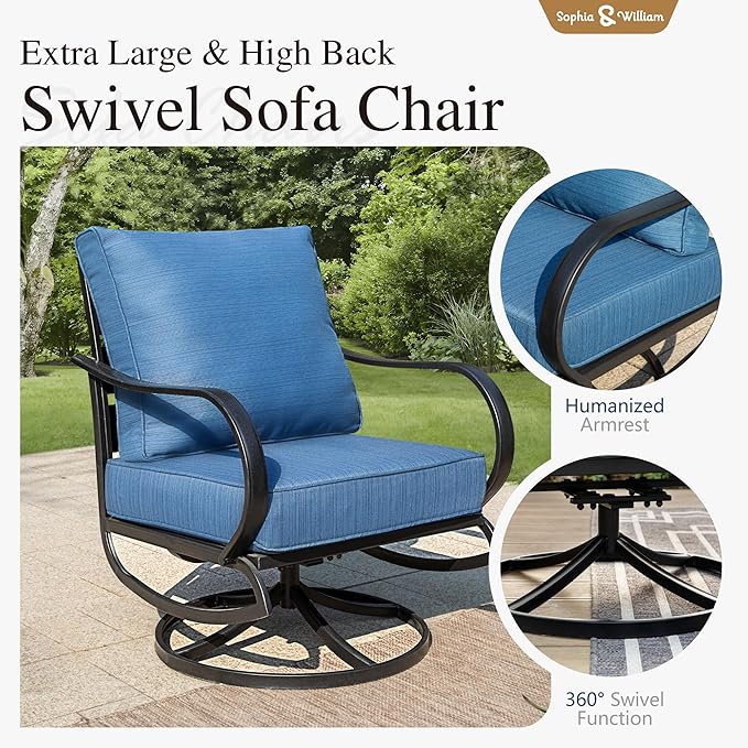 Sophia & William Patio Furniture Sets for 5 Outdoor Metal Conversation Sets 5 Pcs with 2 x Cushioned Swivel Sofa Chairs, 2 x Ottomans as Coffee Table, 1 x 3-Seat Sofa, Backyard Poolside Peacock Blue