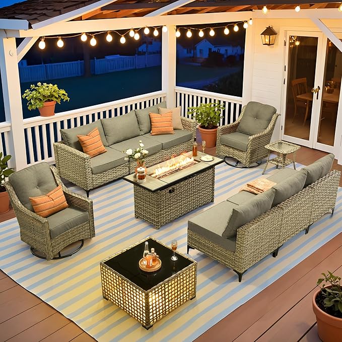 HOOOWOOO Outdoor Patio Furniture Set with Fire Pit Table,11 Pieces Wicker Out Door Sectional Furniture L Shaped Couch,Outside Patio Conversation Swivel Chair Sets,Charcoal Gray