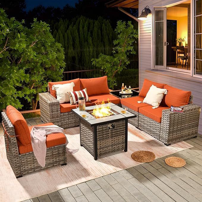 ovios 7 Pieces Patio Furniture Set, Outdoor Wicker Sectional Sofa with 30 Inch Fire Pit Table Comfy Cushions, Modern Modular Deep Seat Rattan Couch Conversation Set, Orange Red
