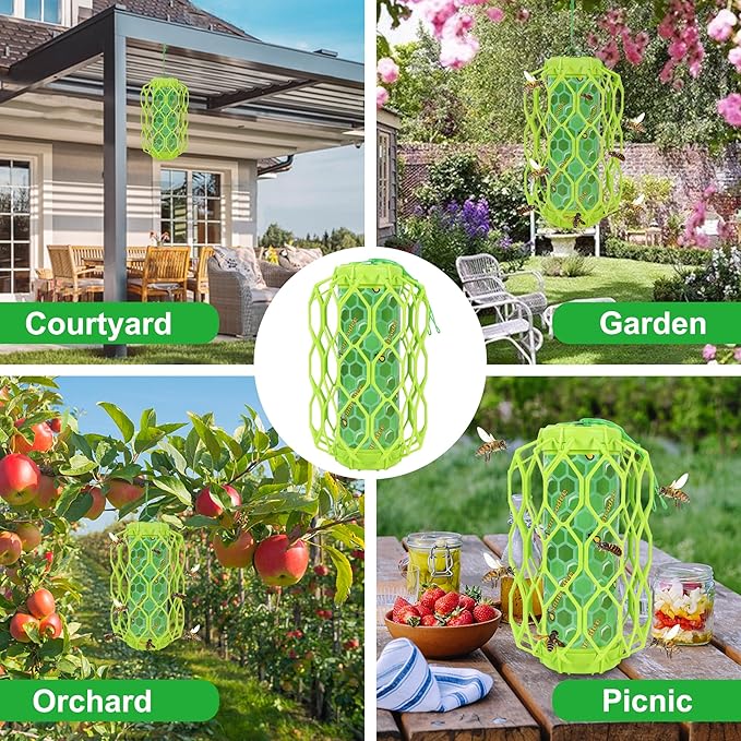 4 Pack Upgraded Wasp Trap Outdoor Hanging, Carpenter Bee and Hornet Catcher, Reusable Yellow Jacket Trap with Bait Reservoir, Bee Killer and Wasp Catcher for Outside (Green)