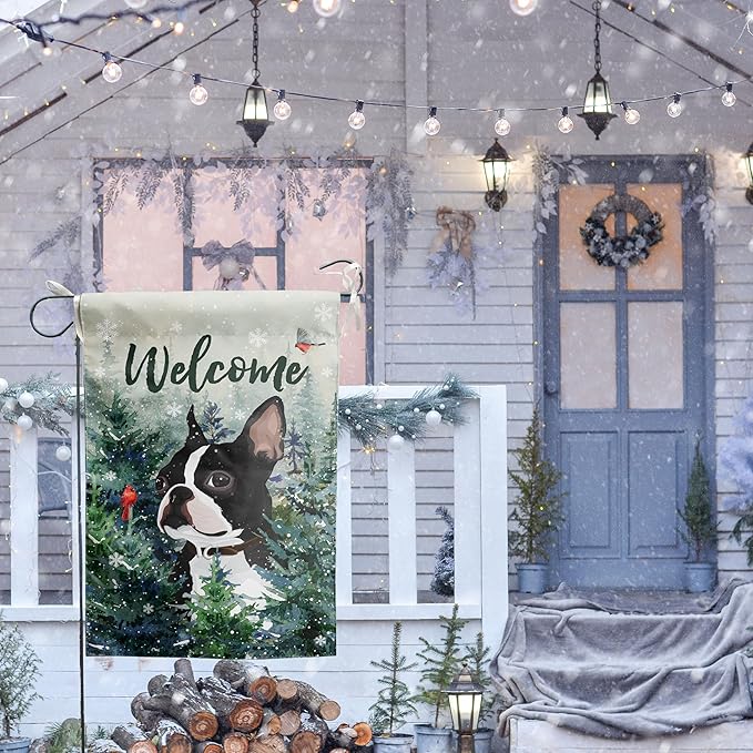 Welcome Winter Garden Flags Boston Terrier Garden Flag Cardinal Birds on Snowy Pine Tree Flag Dog Yard Flags for Outside 12x18 Double Sided Christmas Decorative Lawn Flags
